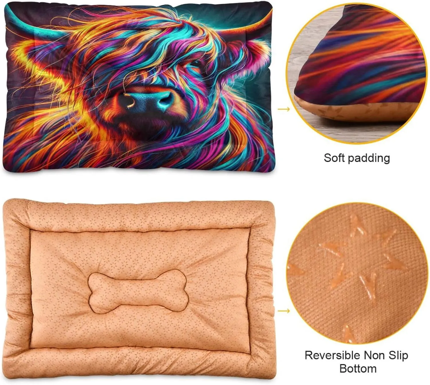 Joko Ivery Highland Cow Neon Dog Cat Bed for Crate Soft Crate Pad Anti Slip Sleeping Mats Machine Washable Crate Mat for Puppy Dogs Cats Indoor Pet Supplies 2418 in