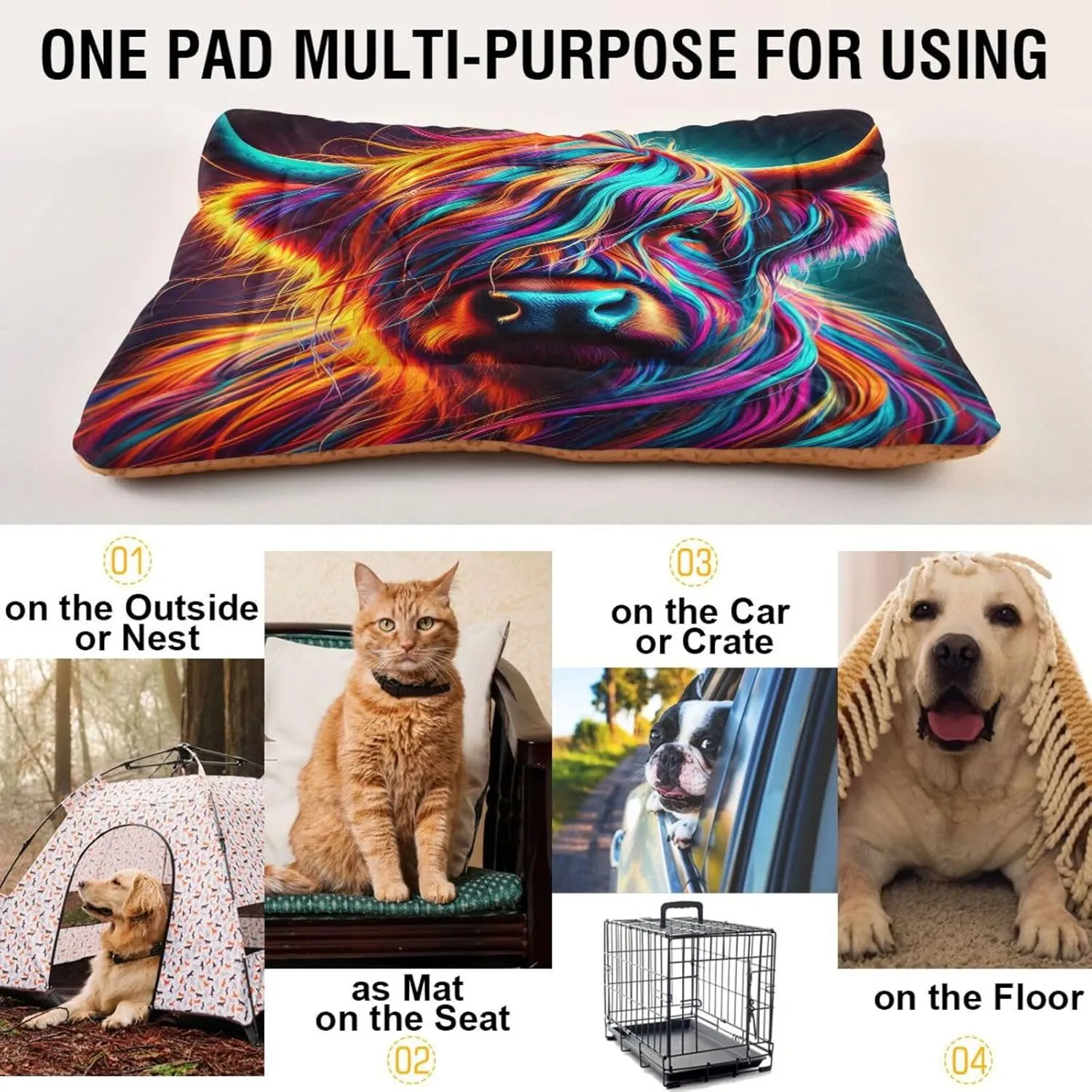 Joko Ivery Highland Cow Neon Dog Cat Bed for Crate Soft Crate Pad Anti Slip Sleeping Mats Machine Washable Crate Mat for Puppy Dogs Cats Indoor Pet Supplies 2418 in