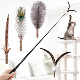 JXFUKAL 2025 Latest Cat Wand Toy, 68Extra Long Cat Fishing Pole Toy, 4PCS Natural Huge Feather Refills with Silvervine Sticks for Indoor Cats Kitten Kitty Teeth Cleaning Exercise Cat Accessories