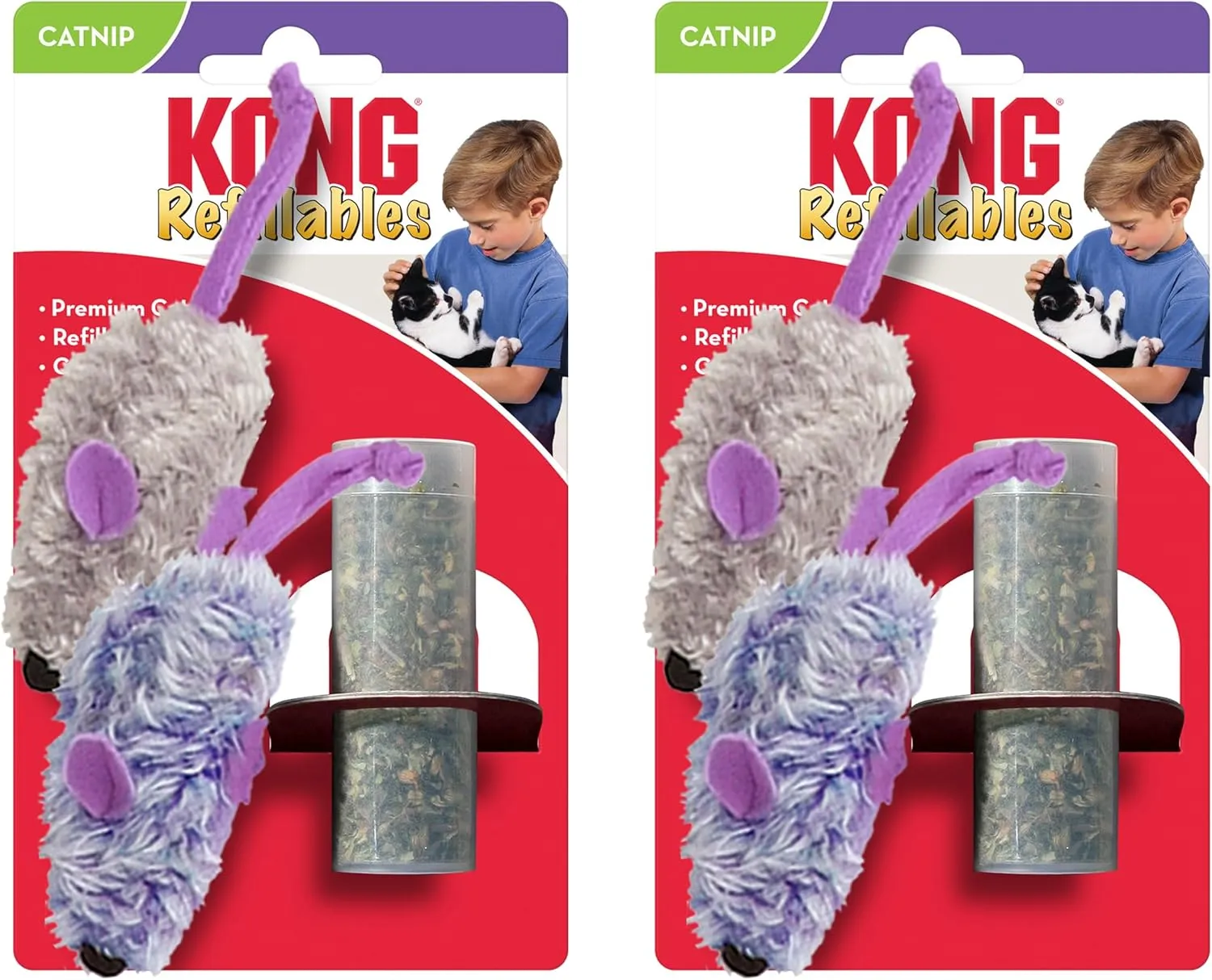 KONG Refillables Catnip Toys, Assorted 2-Pack  Plush Cat Toys with Refillable Catnip Pouch & Premium North American Catnip (Purple Frosty Mice 2 Pack)