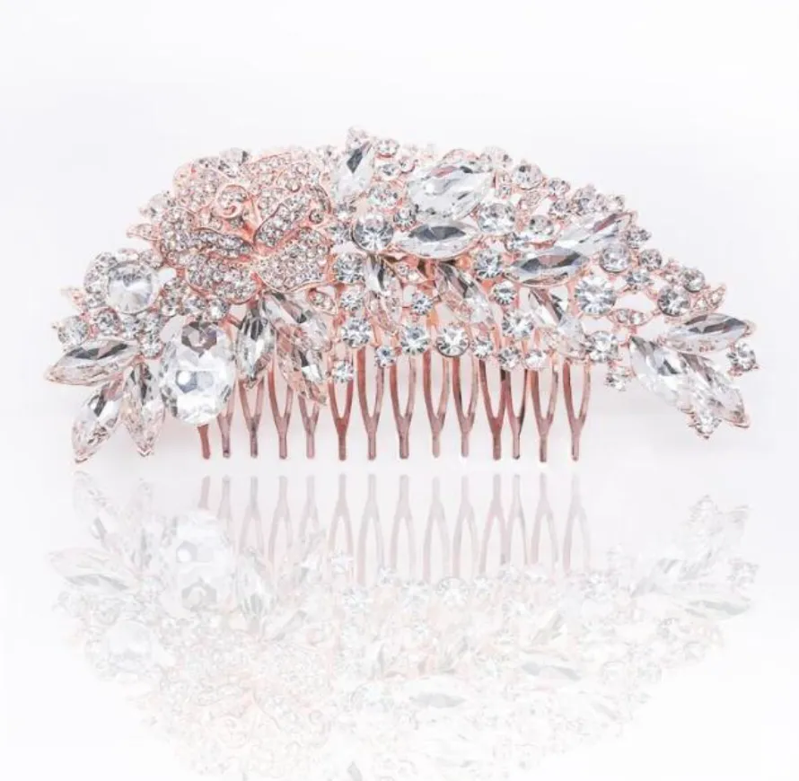 Leaf Shape Gold Color Bridal Hair Crystal Comb Wedding Day Accessory