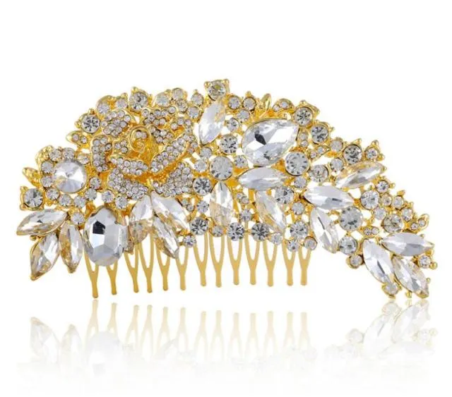 Leaf Shape Gold Color Bridal Hair Crystal Comb Wedding Day Accessory