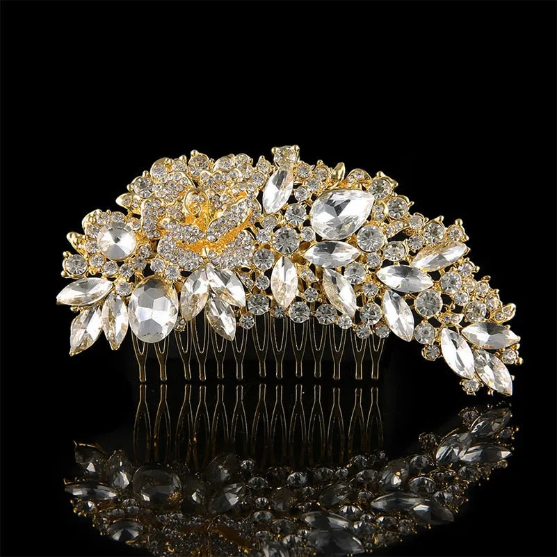 Leaf Shape Gold Color Bridal Hair Crystal Comb Wedding Day Accessory