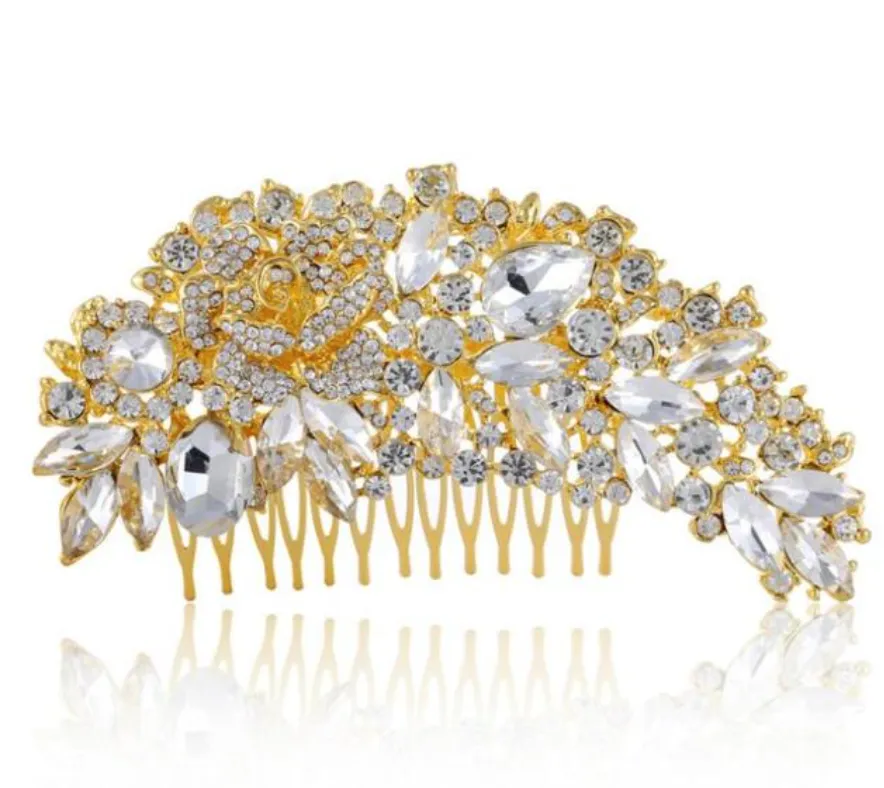 Leaf Shape Gold Color Bridal Hair Crystal Comb Wedding Day Accessory