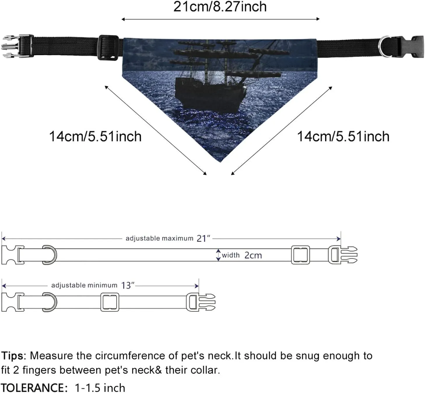 Lonely Sailboat in The Sea Against Full Moon Cloud Dark Blue Pattern Dog Adjustable Martingale Collar, Saliva Bibs Pet Regular Collars for Cat Pets, Buckle Bandanas Triangle Kerchief Bibs Scarf