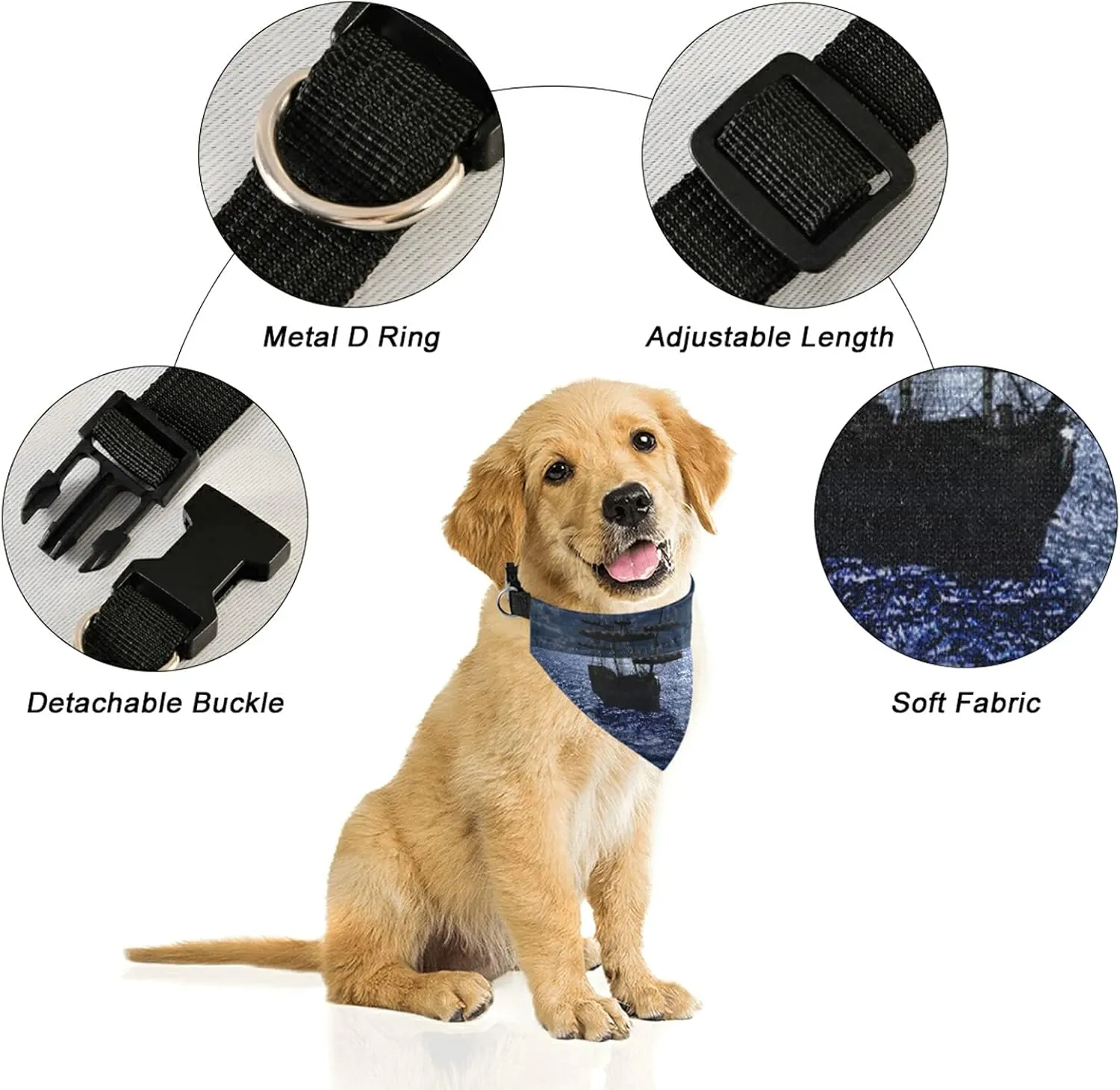 Lonely Sailboat in The Sea Against Full Moon Cloud Dark Blue Pattern Dog Adjustable Martingale Collar, Saliva Bibs Pet Regular Collars for Cat Pets, Buckle Bandanas Triangle Kerchief Bibs Scarf