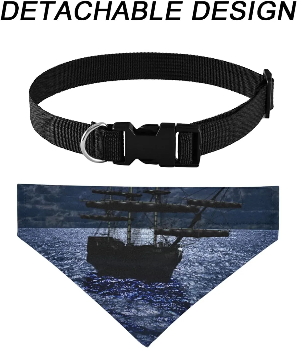 Lonely Sailboat in The Sea Against Full Moon Cloud Dark Blue Pattern Dog Adjustable Martingale Collar, Saliva Bibs Pet Regular Collars for Cat Pets, Buckle Bandanas Triangle Kerchief Bibs Scarf