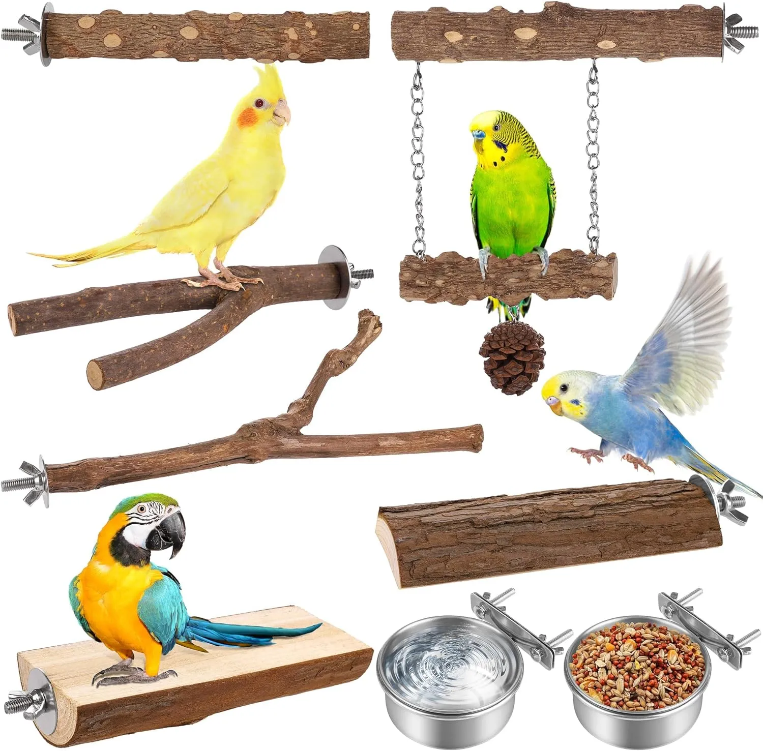 MCEAST 8 Pieces Natural Wood Bird Perches for Cage Parrot Stand Branch with 2 Bird Feeding Bowls 3.9 Inch Hanging Swing Toys Paw Grinding Fork Chewing Stick Exercise Training for Parakeets Cockatiels