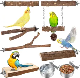 MCEAST 8 Pieces Natural Wood Bird Perches for Cage Parrot Stand Branch with 2 Bird Feeding Bowls 3.9 Inch Hanging Swing Toys Paw Grinding Fork Chewing Stick Exercise Training for Parakeets Cockatiels