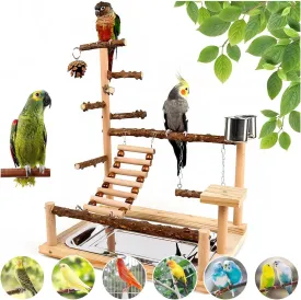 Natural Wood Bird Play Stands for Cockatiel - Parrot Perch Stand with Removable Tray and 2 Stainless Steel Cups, Parrot Swing