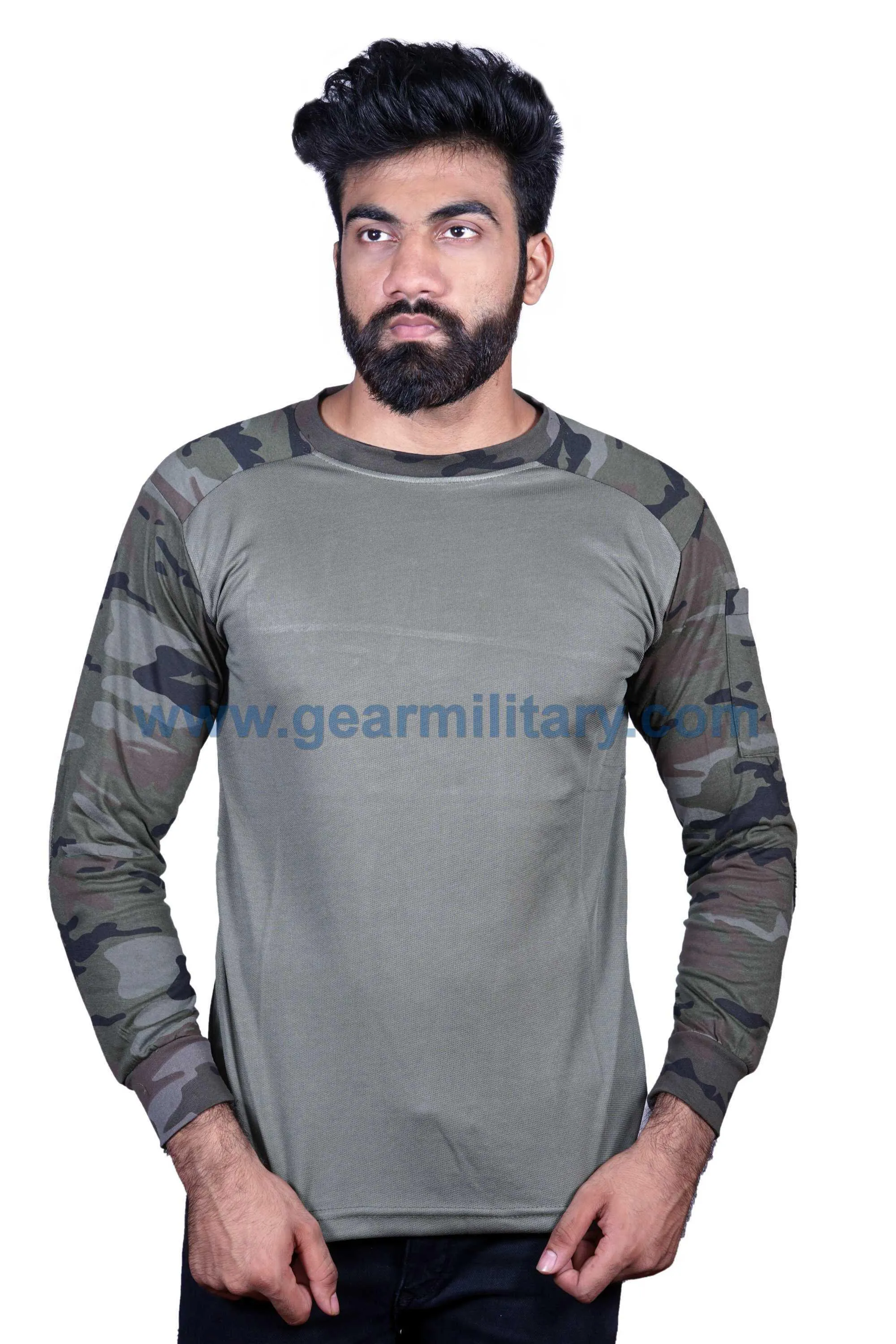 Olive Green and Green Woodland Camo Full Sleeves T Shirt