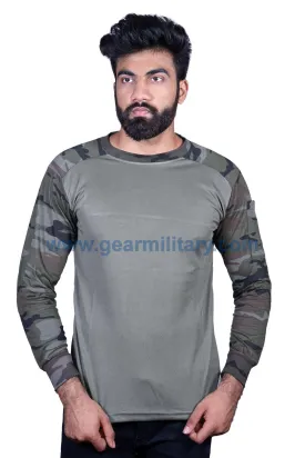 Olive Green and Green Woodland Camo Full Sleeves T Shirt