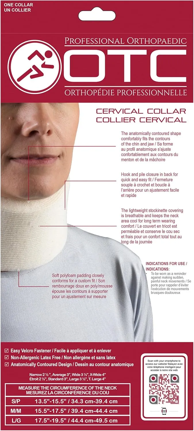 OTC Cervical Collar, Soft Contour Foam, Neck Support Brace, White Narrow 2.5" Depth, X-Large