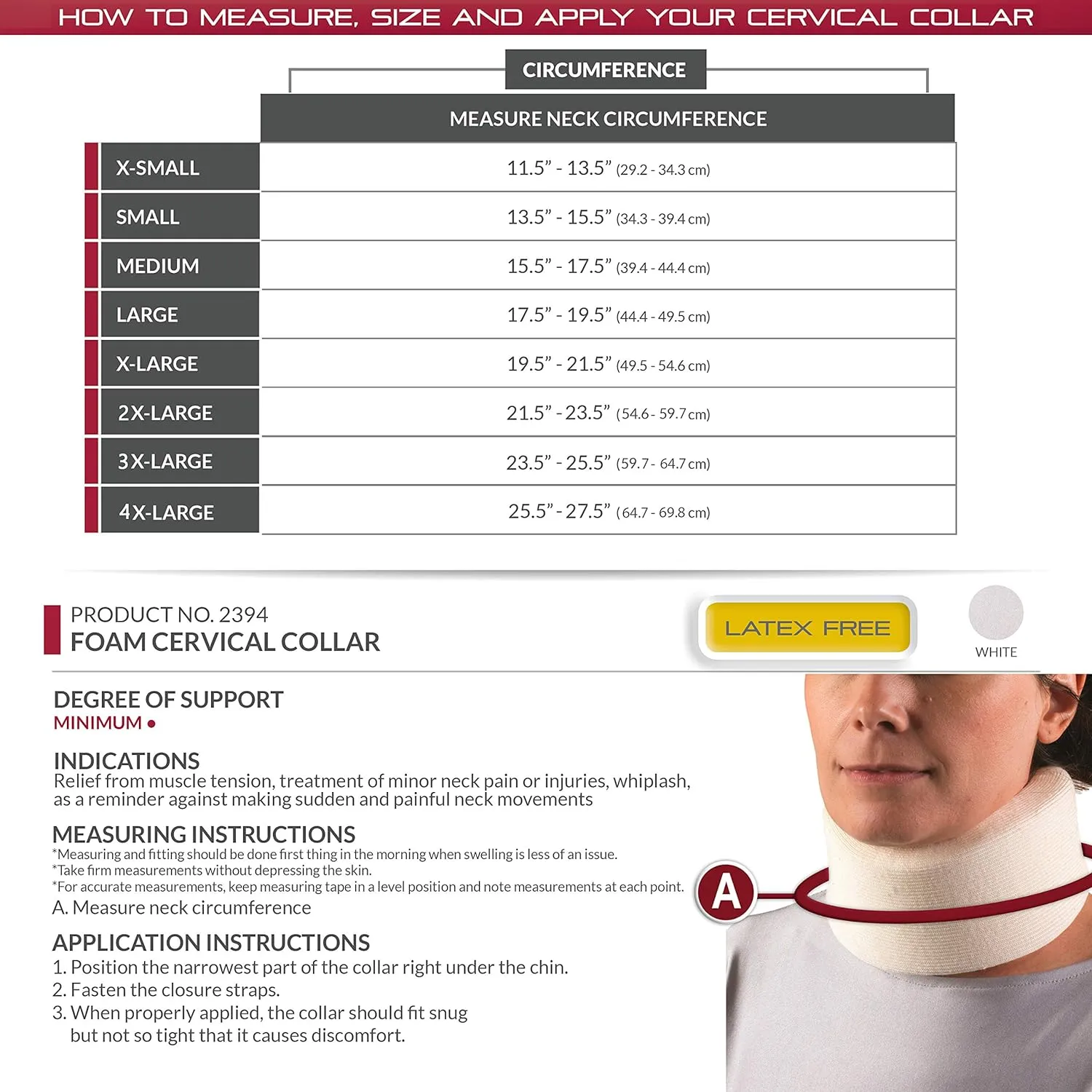 OTC Cervical Collar, Soft Contour Foam, Neck Support Brace, White Narrow 2.5" Depth, X-Large