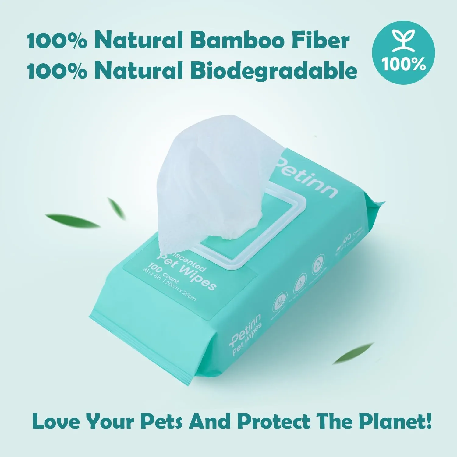 Pet Wipes for Dogs and Cats, Paws Butt Fur Cleaning Deodorizing, 100 Count Unscented Pet Grooming Wipes with 8"x8" Biodegradable Bamboo Fiber, Puppy Kitten Bath Wipe, Hypoallergenic, Licking Safety