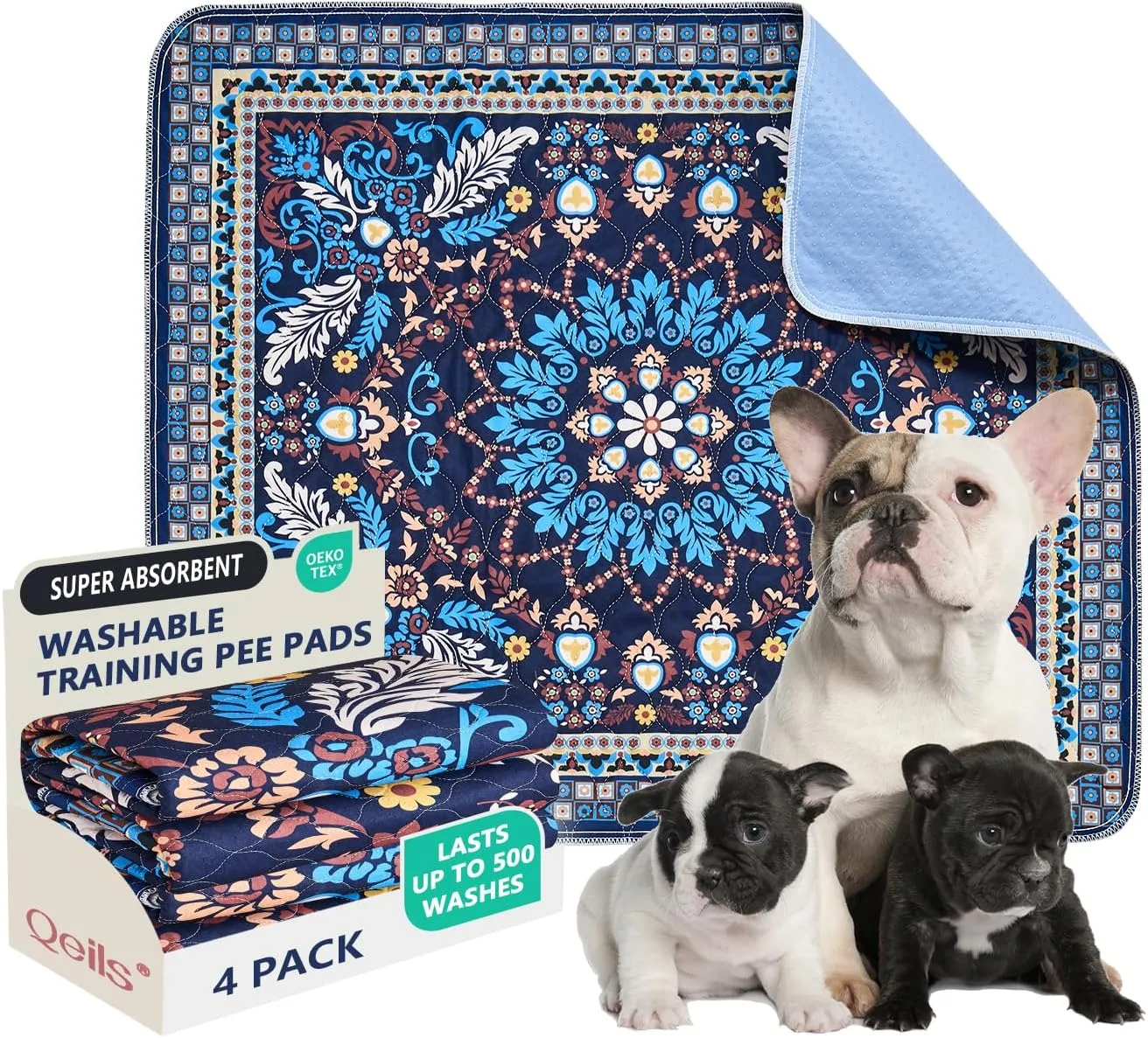 Qeils Washable Pee Pads, Reusable Puppy Pads 4 Pack 30"x34" Super Absorbent Leakproof Dog Training Pads, Non-Slip Wee Wee Pads for Crate, Floor, Potty Pads Feeding Mat Dog Pee