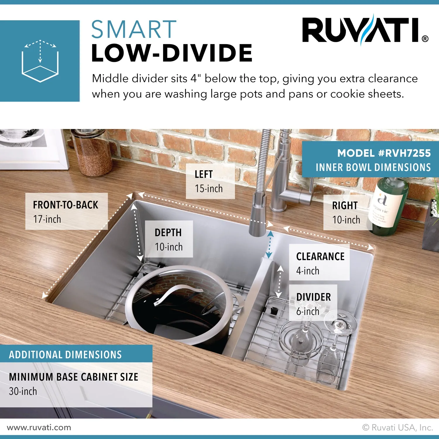 Ruvati 28-inch Low-Divide Undermount Tight Radius 60/40 Double Bowl 16 Gauge Stainless Steel Kitchen Sink - RVH7255