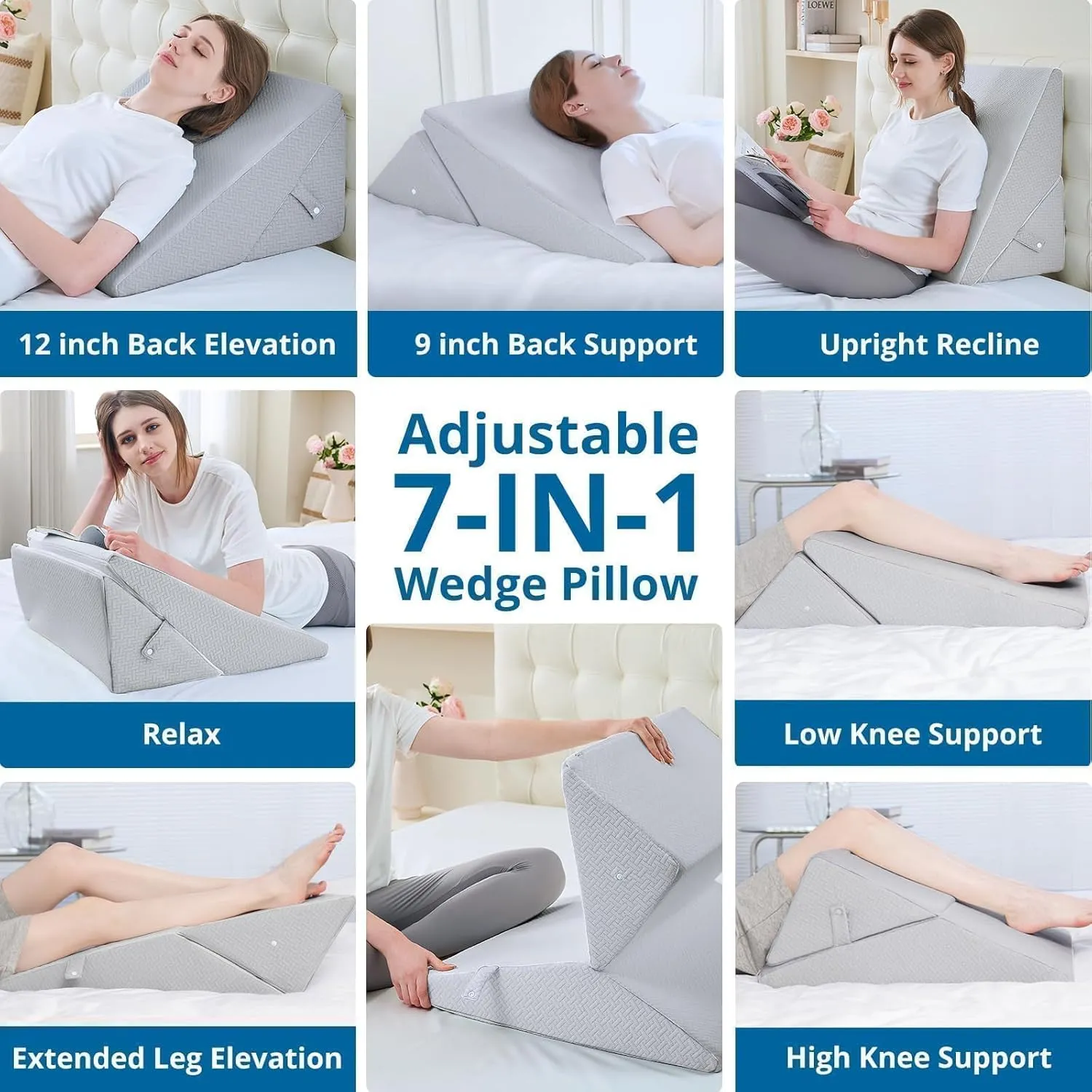 Sasttie Wedge Pillow Headboard, Adjustable Bed Wedge Pillow for After Surgery, Sleeping, Acid Reflux, Neck Pain, Back Pain, and Surgery Recovery, Light Grey
