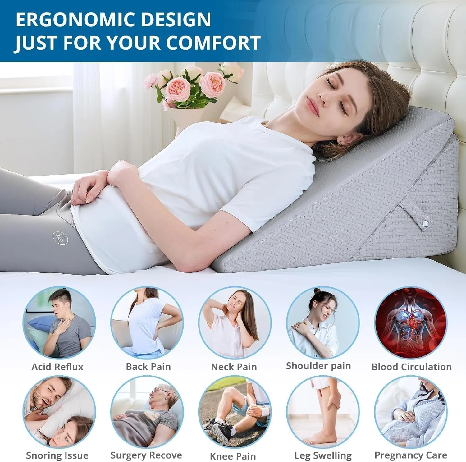Sasttie Wedge Pillow Headboard, Adjustable Bed Wedge Pillow for After Surgery, Sleeping, Acid Reflux, Neck Pain, Back Pain, and Surgery Recovery, Light Grey