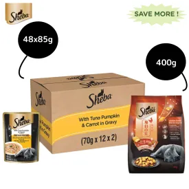 Sheba Tuna Pumpkin & Carrot In Gravy Rich Premium Adult Fine Cat Wet Food and Chicken All Life Stage Cat Dry Food Combo