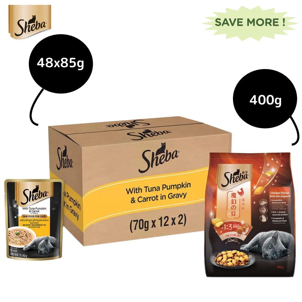 Sheba Tuna Pumpkin & Carrot In Gravy Rich Premium Adult Fine Cat Wet Food and Chicken All Life Stage Cat Dry Food Combo