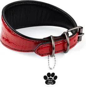 Sighthound Wide Leather Dog Collar with ID Tag QR for Whippet Italian Greyhound Saluki Borzoi Lurcher Spanish Galgo, Luxury Dog Collars, Soft Leather Dog Collar for Sensitive Neck (Red, L)