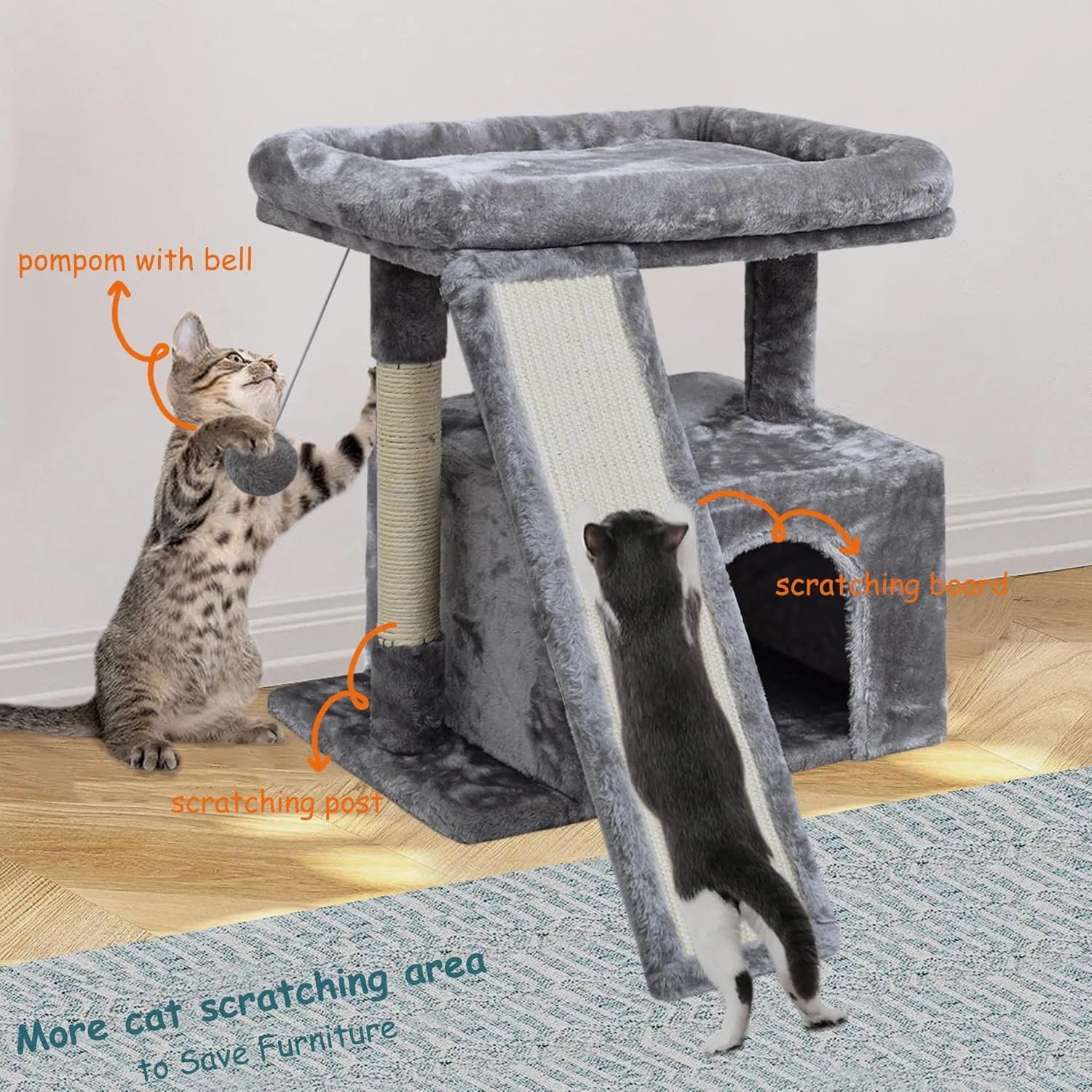 Small Cat Tree for Indoor CatsCat Tower with Scratching Post and BoardCat House with Perch for Kitten, Stable Condo and Stand (Light Grey)