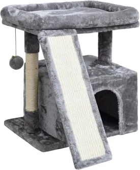 Small Cat Tree for Indoor CatsCat Tower with Scratching Post and BoardCat House with Perch for Kitten, Stable Condo and Stand (Light Grey)