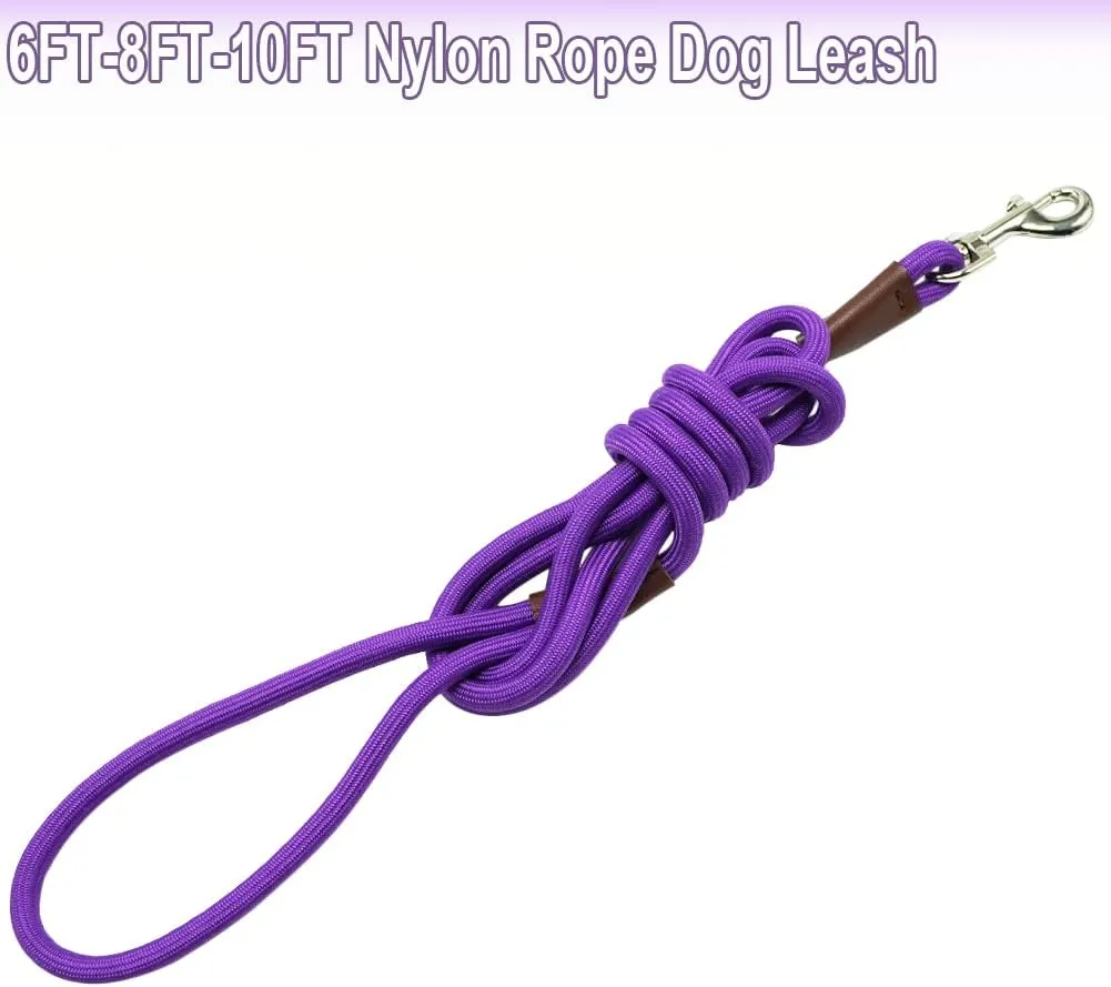 Small Dog Leash, 1/4" by 6/8/10 FT Lightweight Strong Nylon Rope Leash, Bright Classic Lead for Small Pets/Puppy/Cat (8ft, Purple)