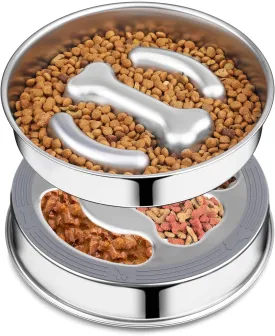 Small Dog/Puppy Slow Feeder, Stainless Steel Feeding Bowl with Unique Bone Design for Slower Eating Non-Slip Base