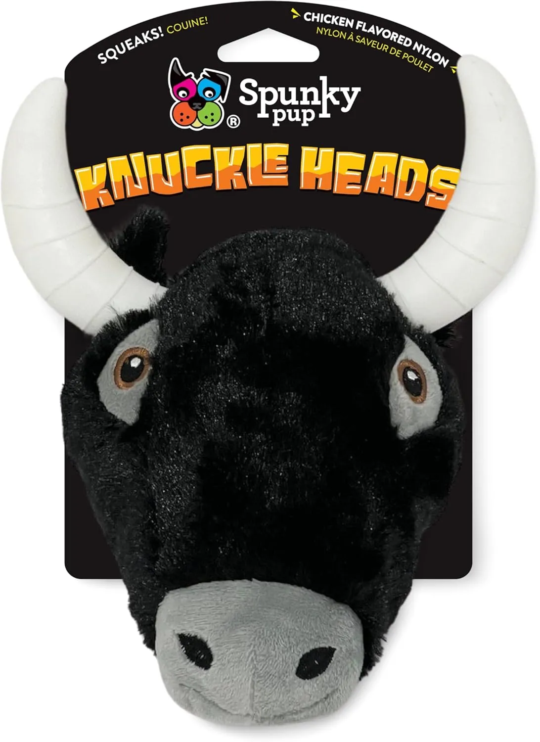 Spunky pup Knucklehead Durable Dog Toy - 2-in-1 Plush & Chew Toy for Aggressive Chewers, Chicken-Flavored Dental Chew, Durable Double-Stitched Squeaker- Bull