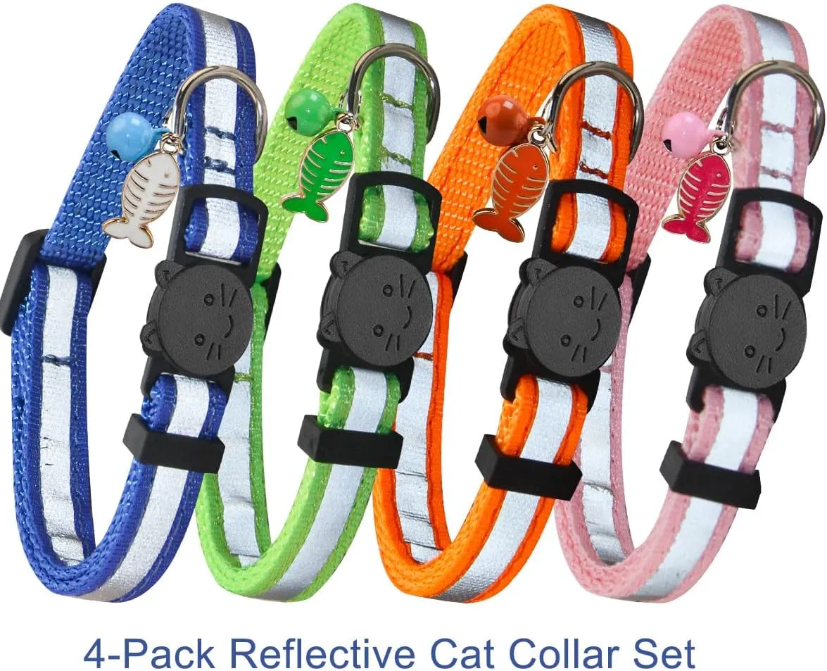 SuperBuddy Reflective Collar Breakaway with Bell - 4 Pack Cat Safety Collars for Boys & Girls-Safety Buckle Kitten Collar for Pet Supplies,Stuff,Accessories