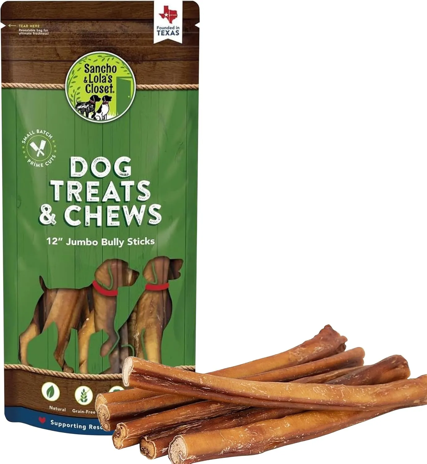 Supreme 12-inch Jumbo Bully Sticks by Sancho and Lolas (5 Pack) All-Natural, Long-Lasting Dog Chew Treats - Free-Range, Grass-Fed Beef - Low Odor