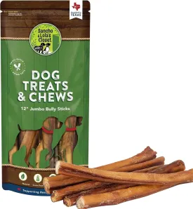 Supreme 12-inch Jumbo Bully Sticks by Sancho and Lolas (5 Pack) All-Natural, Long-Lasting Dog Chew Treats - Free-Range, Grass-Fed Beef - Low Odor