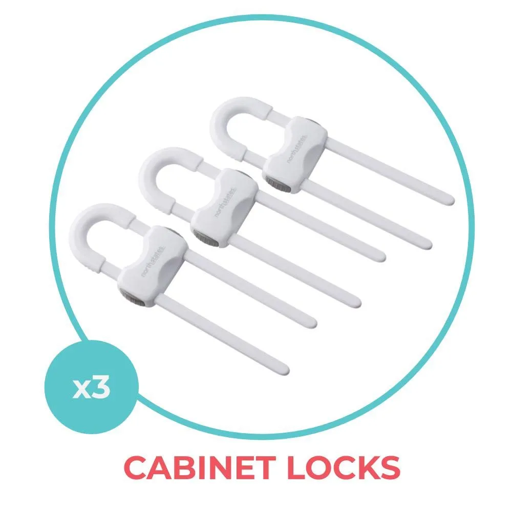Toddleroo by North States Sliding Cabinet Locks | Keep Side by Side cabinets Safely and securely Closed | Works on Cabinet Handles up to 4.5" Apart | Baby proofing with Confidence (3-Pack, White)