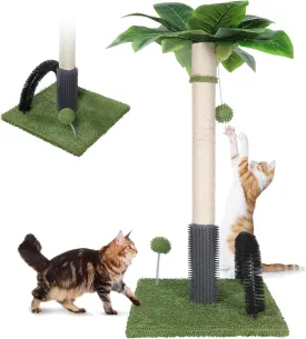 Topmart 29.5 Tall Cat Scratching Post for Large Indoor Cats, Sisal Scratching Post with Self Groomer and 2 Dangling Balls,Green