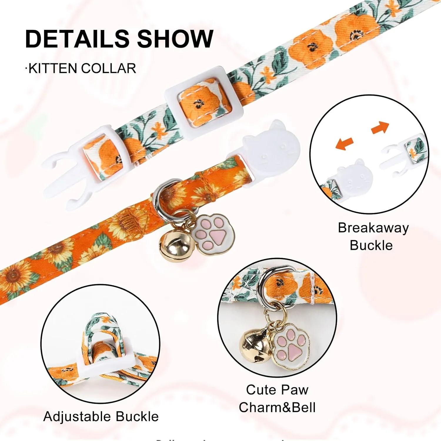 Unique Style Paws Fall Kitten Collar,2 Pack Orange Cat Collar with Sunflower Pattern,Breakaway Cat Collar with Bell,Cute Paw Pendant,Ideal Gift for Boy Girl Cats,Pet Supplies Accessories