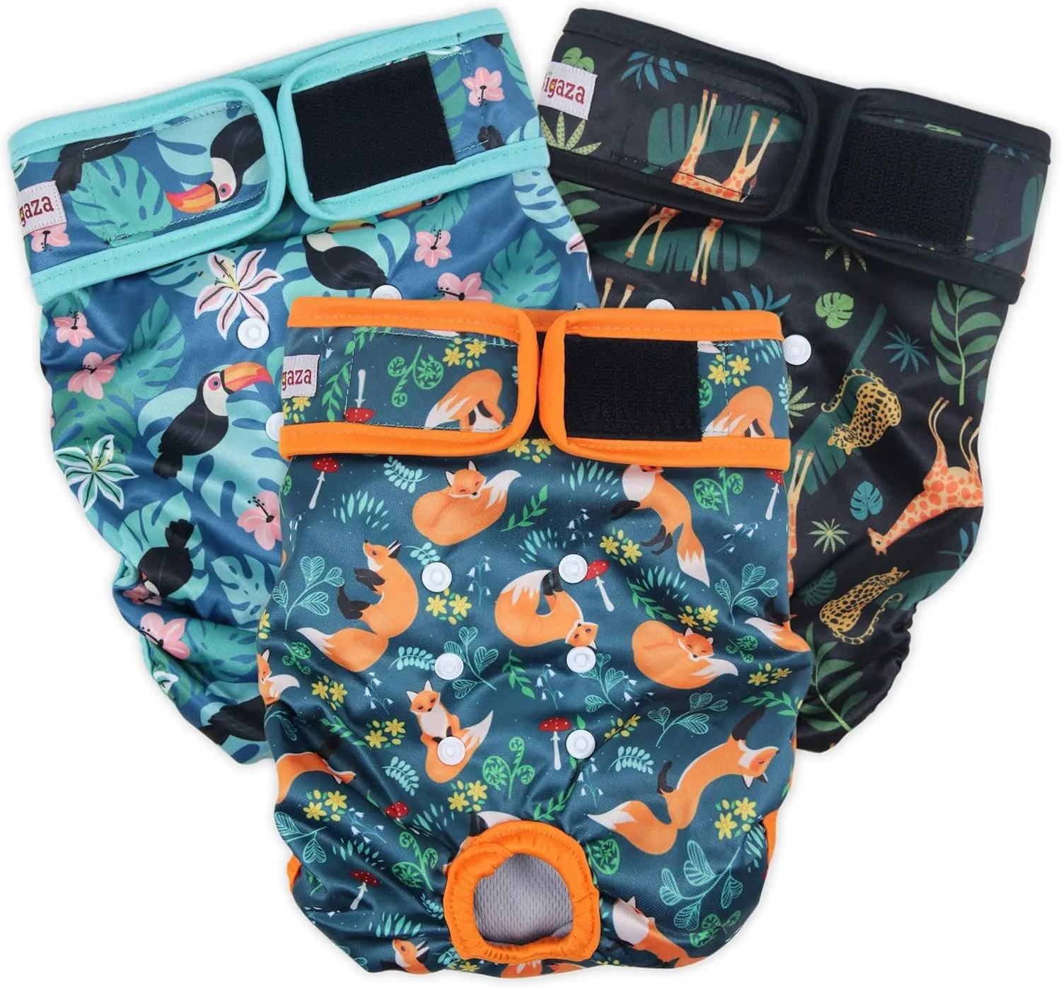Washable Dog Diapers (3 Pack), Reusable Dog Diapers for Doggie Heat Period, Reusable Doggie Diaper for Female Dogs (Giraffe, Tucan, Fox, Small)
