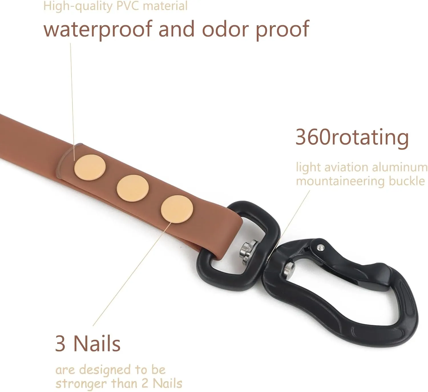 Waterproof Dog Leash Carabiner Leash for Dogs Soft Handle Easy Care 5ft*15mm*2.0mm Brown