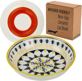Whisker Fatigue Cat Bowl  5.5 in Ceramic Cat Bowls, Shallow Cat Food Dish, Cute Flat Cat Bowl, Small Wide Cat Plates for Indoor Cats with Silicone Bottom, Non-Slip and Quiet