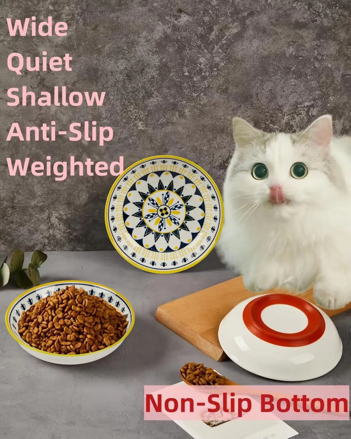 Whisker Fatigue Cat Bowl  5.5 in Ceramic Cat Bowls, Shallow Cat Food Dish, Cute Flat Cat Bowl, Small Wide Cat Plates for Indoor Cats with Silicone Bottom, Non-Slip and Quiet