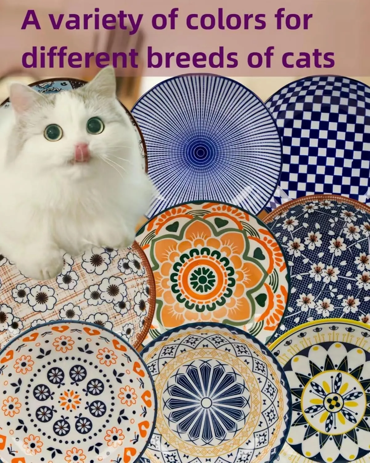 Whisker Fatigue Cat Bowl  5.5 in Ceramic Cat Bowls, Shallow Cat Food Dish, Cute Flat Cat Bowl, Small Wide Cat Plates for Indoor Cats with Silicone Bottom, Non-Slip and Quiet