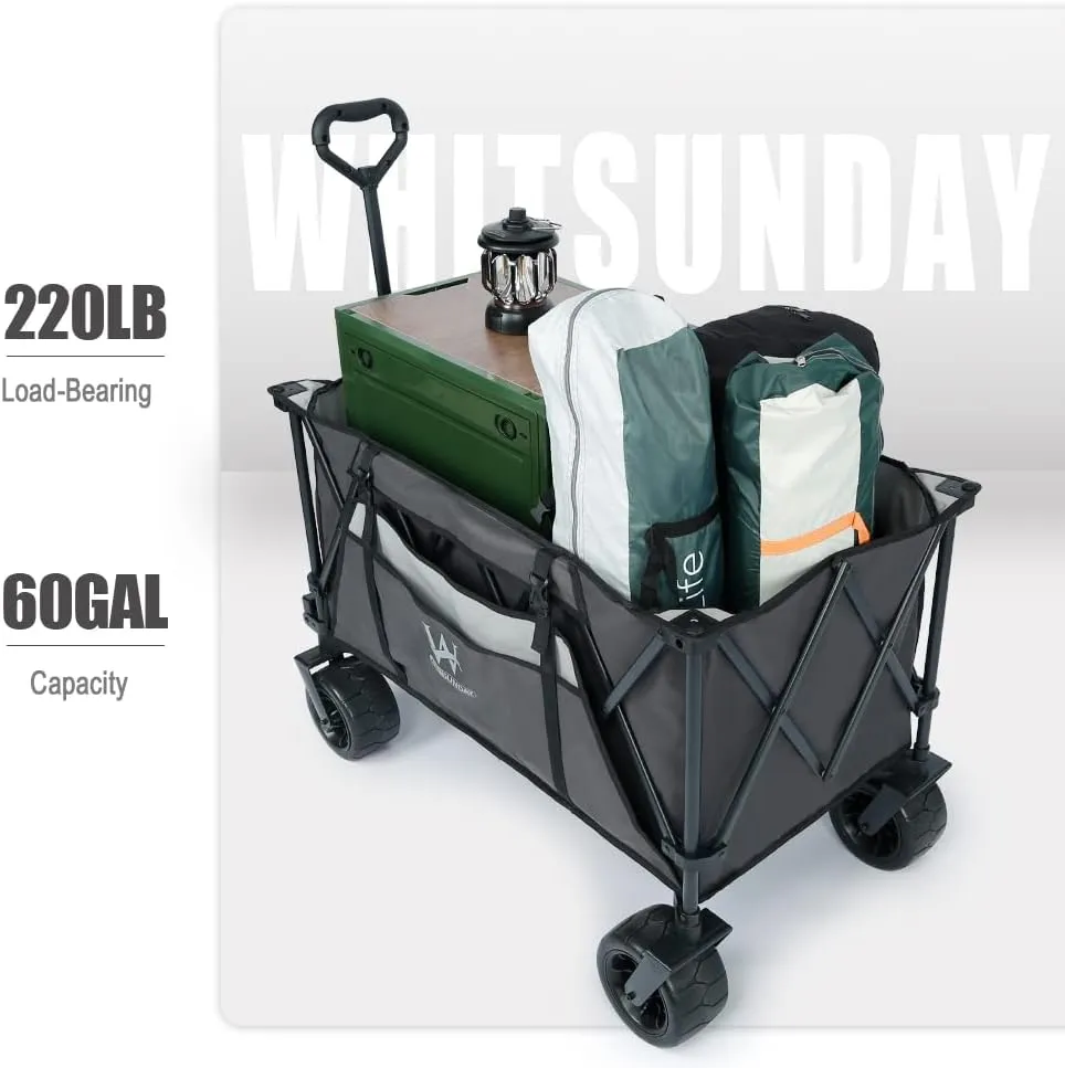 Whitsunday Heavy Duty Collapsible Wagon Cart, 380lb Load-Bearing Utility Wagon Cart with Big All Terrain Wheels, Folding Outdoor Wagon with Side Pocket for Beach, Camping, Outdoor Grey