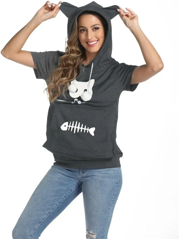 YYW Cat Pouch Hoodie Short Sleeve Puppy Kitten Pet Holder Carrier Hoodies Unisex Summer(Pattern A-Dark Grey, XL)