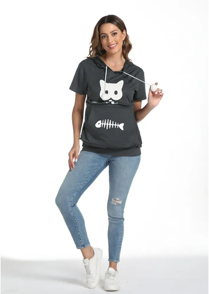 YYW Cat Pouch Hoodie Short Sleeve Puppy Kitten Pet Holder Carrier Hoodies Unisex Summer(Pattern A-Dark Grey, XL)