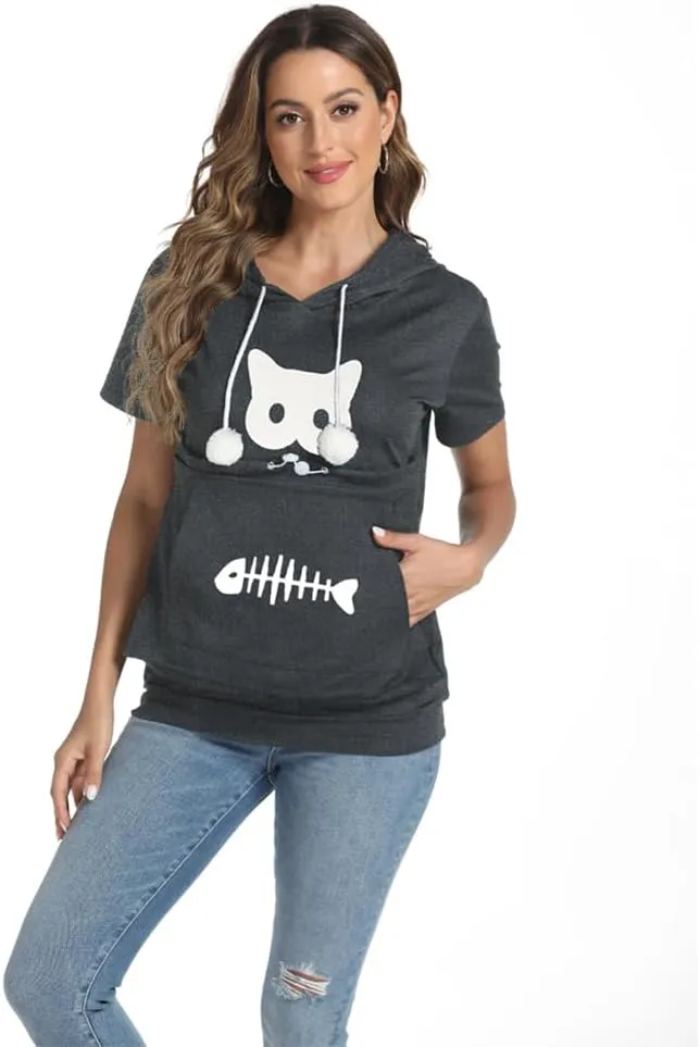 YYW Cat Pouch Hoodie Short Sleeve Puppy Kitten Pet Holder Carrier Hoodies Unisex Summer(Pattern A-Dark Grey, XL)