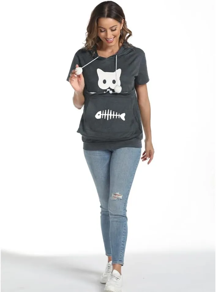 YYW Cat Pouch Hoodie Short Sleeve Puppy Kitten Pet Holder Carrier Hoodies Unisex Summer(Pattern A-Dark Grey, XL)